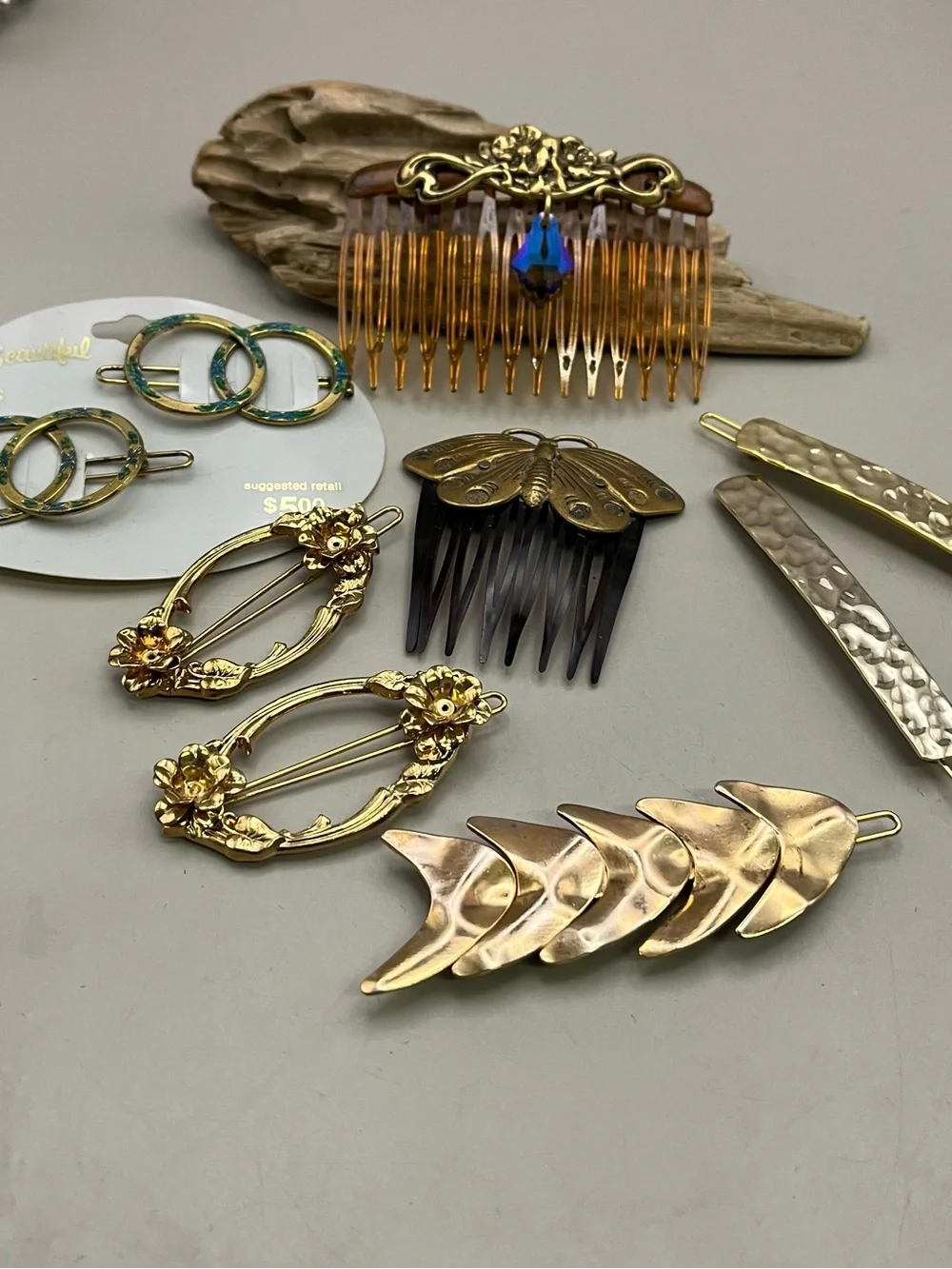 Vintage 9pc Hair Accessory Lot | Gold Brass Hair Combs Barrettes Clips